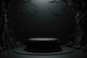 Black podium shelf or empty pedestal display with pumpkins, spiders, bats on dark Halloween background. Blank stand for showing product. Happy halloween banner mockup. 3D rendering. Generative AI photo