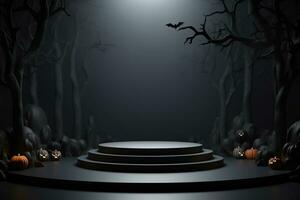 Black podium shelf or empty pedestal display with pumpkins, spiders, bats on dark Halloween background. Blank stand for showing product. Happy halloween banner mockup. 3D rendering. Generative AI photo