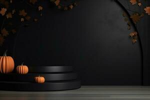 Black podium shelf or empty pedestal display with pumpkins, spiders, bats on dark Halloween background. Blank stand for showing product. Happy halloween banner mockup. 3D rendering. Generative AI photo