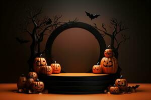 Black podium shelf or empty pedestal display with pumpkins, spiders, bats on dark Halloween background. Blank stand for showing product. Happy halloween banner mockup. 3D rendering. Generative AI photo