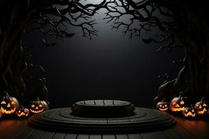 Black podium shelf or empty pedestal display with pumpkins, spiders, bats on dark Halloween background. Blank stand for showing product. Happy halloween banner mockup. 3D rendering. Generative AI photo