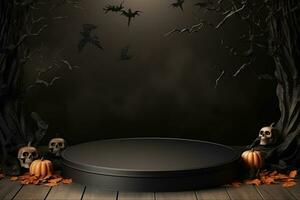 Black podium shelf or empty pedestal display with pumpkins, spiders, bats on dark Halloween background. Blank stand for showing product. Happy halloween banner mockup. 3D rendering. Generative AI photo