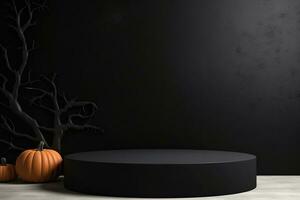 Black podium shelf or empty pedestal display with pumpkins, spiders, bats on dark Halloween background. Blank stand for showing product. Happy halloween banner mockup. 3D rendering. Generative AI photo