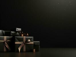 Black Friday Super Sale banner with realistic black gifts boxes and gold bows. Dark background golden with copy space. Generative AI photo