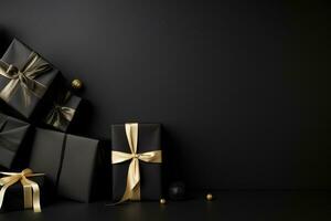 Black Friday Super Sale banner with realistic black gifts boxes and gold bows. Dark background golden with copy space. Generative AI photo