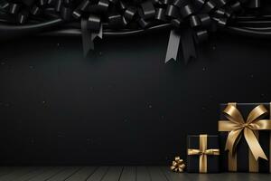 Black Friday Super Sale banner with realistic black gifts boxes and gold bows. Dark background golden with copy space. Generative AI photo