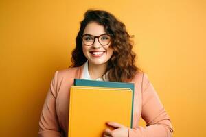 Young plus size businesswoman smiling happy holding binder in the office. Generative AI photo