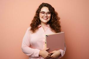 Young plus size businesswoman smiling happy holding binder in the office. Generative AI photo