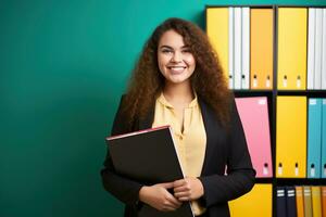 Young plus size businesswoman smiling happy holding binder in the office. Generative AI photo