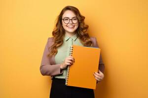 Young plus size businesswoman smiling happy holding binder in the office. Generative AI photo