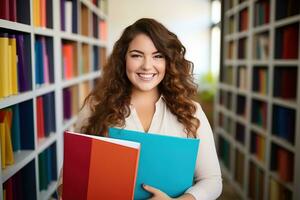 joven más Talla mujer de negocios sonriente contento participación aglutinante en el oficina. generativo ai foto