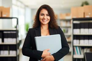 Attractive young Businesswoman holding a large open binder as she looks at the camera with a sweet friendly smile. Generative AI photo