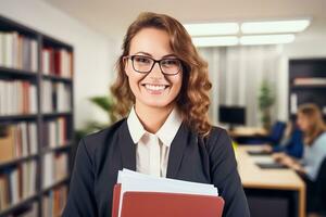 Attractive young Businesswoman holding a large open binder as she looks at the camera with a sweet friendly smile. Generative AI photo