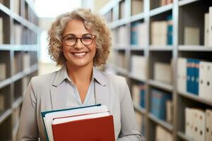 Attractive young Businesswoman holding a large open binder as she looks at the camera with a sweet friendly smile. Generative AI photo