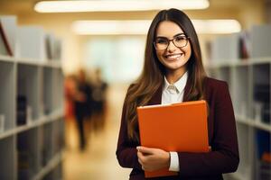 Attractive young Businesswoman holding a large open binder as she looks at the camera with a sweet friendly smile. Generative AI photo