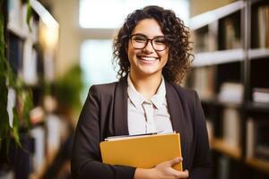 Attractive young Businesswoman holding a large open binder as she looks at the camera with a sweet friendly smile. Generative AI photo