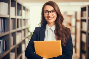 Attractive young Businesswoman holding a large open binder as she looks at the camera with a sweet friendly smile. Generative AI photo