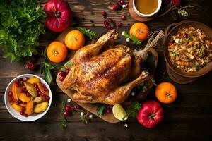 Traditional homemade roasted Thanksgiving Day turkey dinner. Top-view table scene on a dark wood banner background. Turkey, mashed potatoes, dressing, pumpkin pie, and sides. Generative AI photo