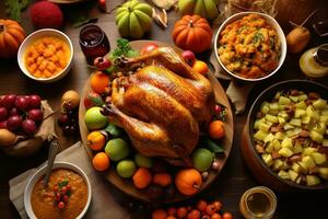 Traditional homemade roasted Thanksgiving Day turkey dinner. Top-view table scene on a dark wood banner background. Turkey, mashed potatoes, dressing, pumpkin pie, and sides. Generative AI photo