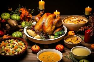 Traditional homemade roasted Thanksgiving Day turkey dinner. Top-view table scene on a dark wood banner background. Turkey, mashed potatoes, dressing, pumpkin pie, and sides. Generative AI photo