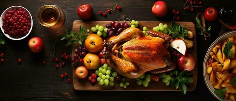 Traditional homemade roasted Thanksgiving Day turkey dinner. Top-view table scene on a dark wood banner background. Turkey, mashed potatoes, dressing, pumpkin pie, and sides. Generative AI photo