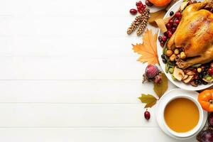 Top view of Thanksgiving dinner background with turkey and all sides dishes, pumpkin pie, fall leaves, and seasonal autumnal decor on dinner table with copy space. Generative AI photo