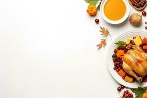 Top view of Thanksgiving dinner background with turkey and all sides dishes, pumpkin pie, fall leaves, and seasonal autumnal decor on dinner table with copy space. Generative AI photo