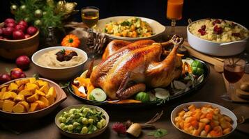 Traditional homemade roasted Thanksgiving Day turkey dinner. Top-view table scene on a dark wood banner background. Turkey, mashed potatoes, dressing, pumpkin pie, and sides. Generative AI photo