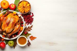 Top view of Thanksgiving dinner background with turkey and all sides dishes, pumpkin pie, fall leaves, and seasonal autumnal decor on dinner table with copy space. Generative AI photo