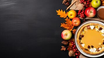 Top view of Thanksgiving dinner background with turkey and all sides dishes, pumpkin pie, fall leaves, and seasonal autumnal decor on dinner table with copy space. Generative AI photo