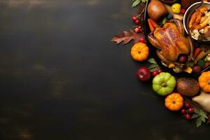 Top view of Thanksgiving dinner background with turkey and all sides dishes, pumpkin pie, fall leaves, and seasonal autumnal decor on dinner table with copy space. Generative AI photo