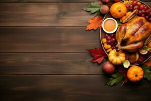 Top view of Thanksgiving dinner background with turkey and all sides dishes, pumpkin pie, fall leaves, and seasonal autumnal decor on dinner table with copy space. Generative AI photo