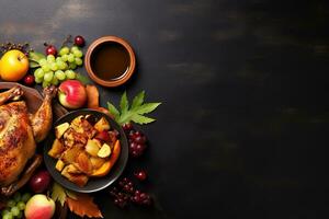 Top view of Thanksgiving dinner background with turkey and all sides dishes, pumpkin pie, fall leaves, and seasonal autumnal decor on dinner table with copy space. Generative AI photo