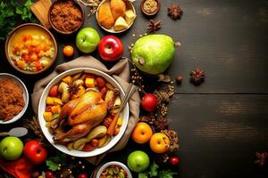 Top view of Thanksgiving dinner background with turkey and all sides dishes, pumpkin pie, fall leaves, and seasonal autumnal decor on dinner table with copy space. Generative AI photo