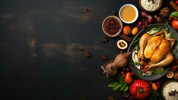 Top view of Thanksgiving dinner background with turkey and all sides dishes, pumpkin pie, fall leaves, and seasonal autumnal decor on dinner table with copy space. Generative AI photo