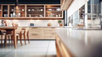 Blurred modern kitchen view. Scandinavian kitchen, minimalist design white accents. Ideal for product display or design layouts. Generative AI photo