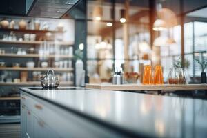 Blurred modern kitchen view. Scandinavian kitchen, minimalist design white accents. Ideal for product display or design layouts. Generative AI photo