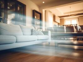 Blurred modern living room interior with stylish sofa and wooden lamp for captivating backgrounds. Generative AI photo