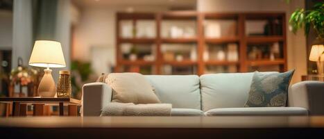 borroso moderno vivo habitación interior con elegante sofá y de madera lámpara para cautivador antecedentes. generativo ai foto
