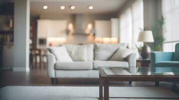 borroso moderno vivo habitación interior con elegante sofá y de madera lámpara para cautivador antecedentes. generativo ai foto
