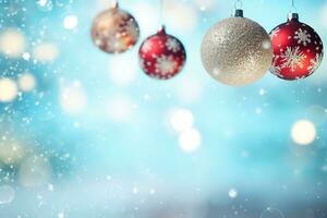 Festive Christmas scene with decor in snow over blurred bokeh background and copy space for your xmas greetings. Generative AI photo