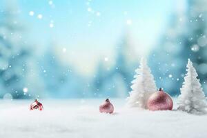 Festive Christmas scene with decor in snow over blurred bokeh background and copy space for your xmas greetings. Generative AI photo