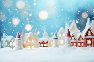 Festive Christmas scene with decor in snow over blurred bokeh background and copy space for your xmas greetings. Generative AI photo