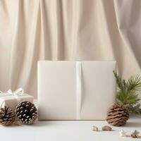 Christmas card mockup with gift box, fir branches, and cozy background. Minimalist style in white and beige. Generative AI photo