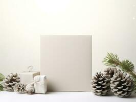 Navidad tarjeta Bosquejo con regalo caja, abeto sucursales, y acogedor antecedentes. minimalista estilo en blanco y beige. generativo ai foto