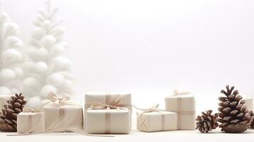 Navidad tarjeta Bosquejo con regalo caja, abeto sucursales, y acogedor antecedentes. minimalista estilo en blanco y beige. generativo ai foto