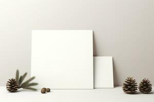 Christmas card mockup with gift box, fir branches, and cozy background. Minimalist style in white and beige. Generative AI photo