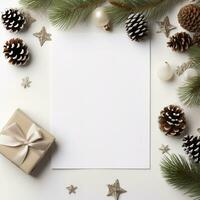 Christmas card mockup with gift box, fir branches, and cozy background. Minimalist style in white and beige. Generative AI photo