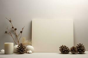 Christmas card mockup with gift box, fir branches, and cozy background. Minimalist style in white and beige. Generative AI photo