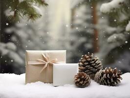 Christmas card mockup with gift box, fir branches, and cozy background. Minimalist style in white and beige. Generative AI photo